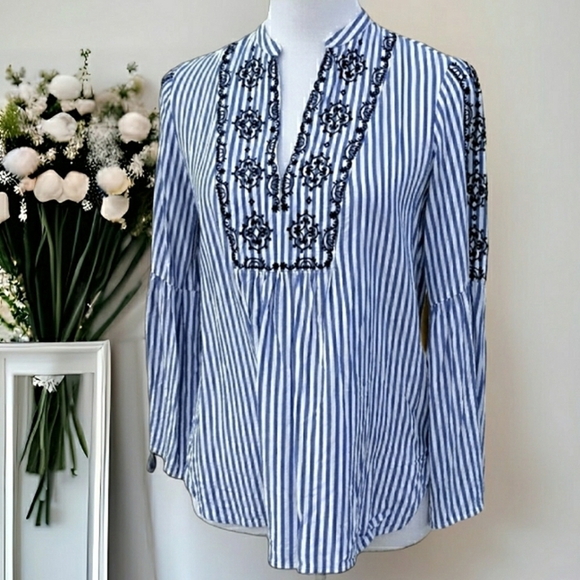 LOFT Long Sleeve Striped V-Neck Tunic w/Bell Sleeves Sz  XSP - Picture 1 of 6